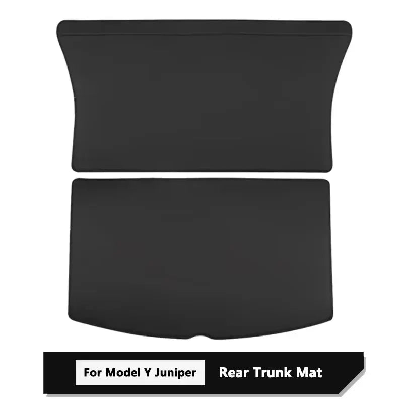 Model Y Juniper rear trunk mat set by Simples Market, black two-piece cargo liner with side guards.