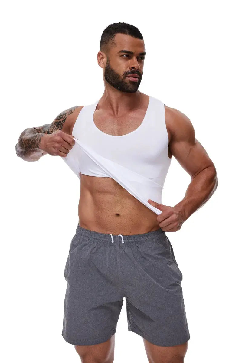 Men's white compression shirt with tummy control for abdomen, waist trainer style