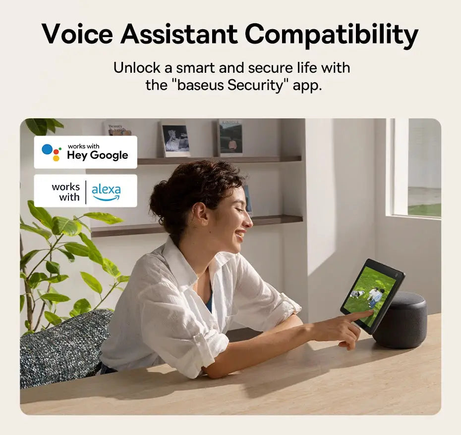Baseus Security S2 Outdoor Camera 4K; solar-powered, wireless IP67; Google Assistant and Alexa logos beside tablet