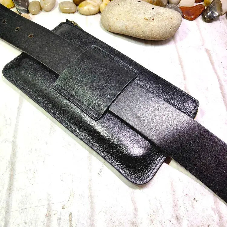 Mini zipper waist bag; black leather belt pack by Simples Market with ID/card pocket and phone sheath.