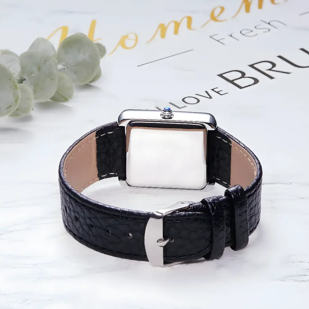 OGEDA couple watch with black leather strap and silver square case