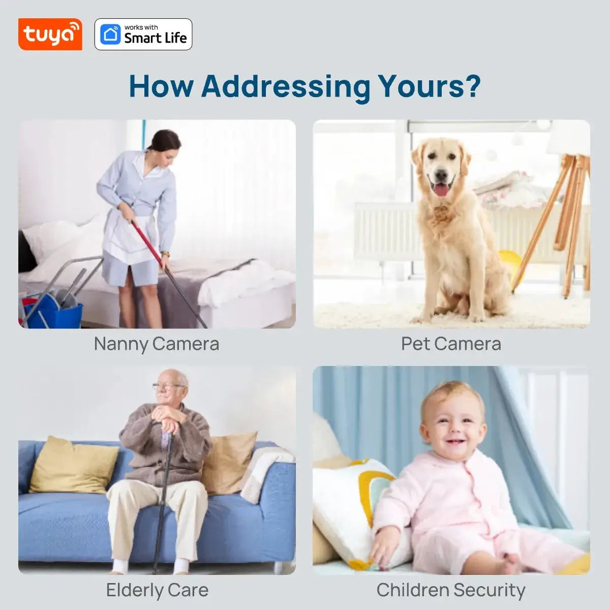 Simples Market Tuya 3MP HD smart security camera for indoor/outdoor home use; nanny, pet, elderly, children scenes