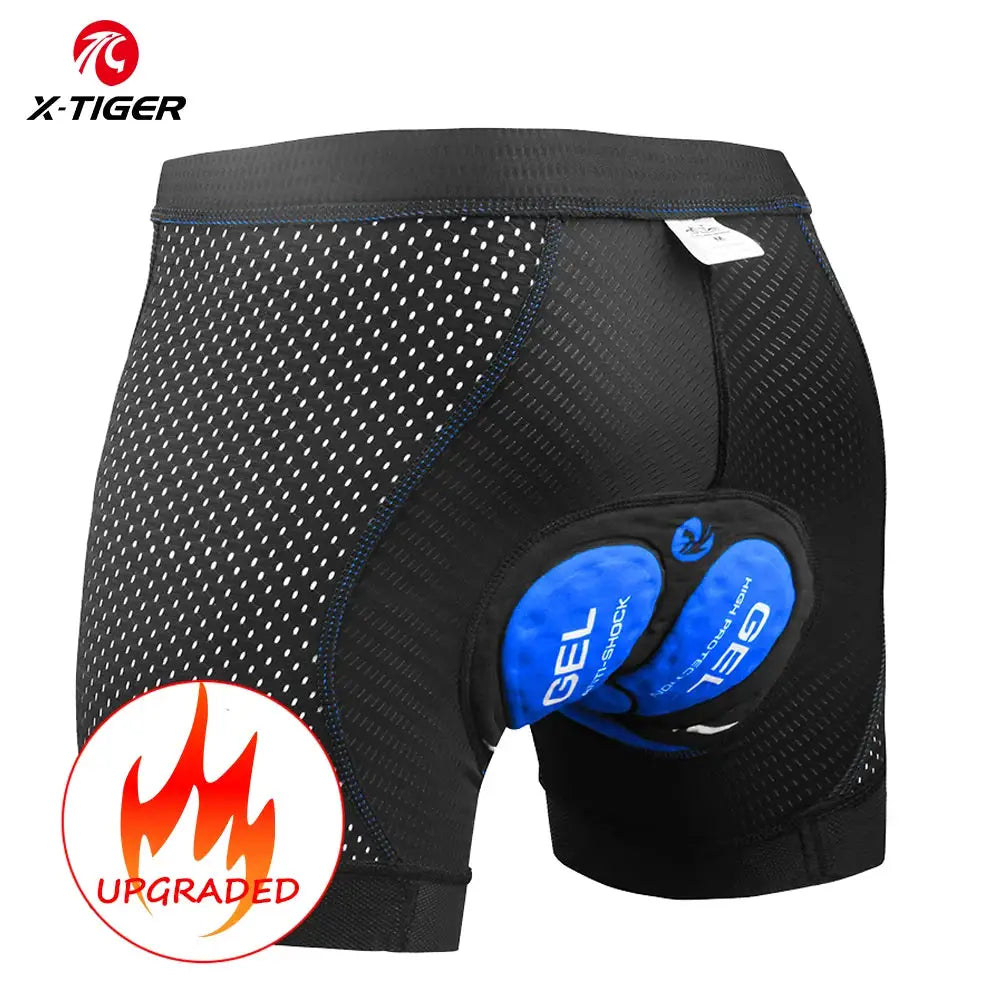X-TIGER men's cycling underwear with 5D gel cushion, black mesh shorts with blue gel pads