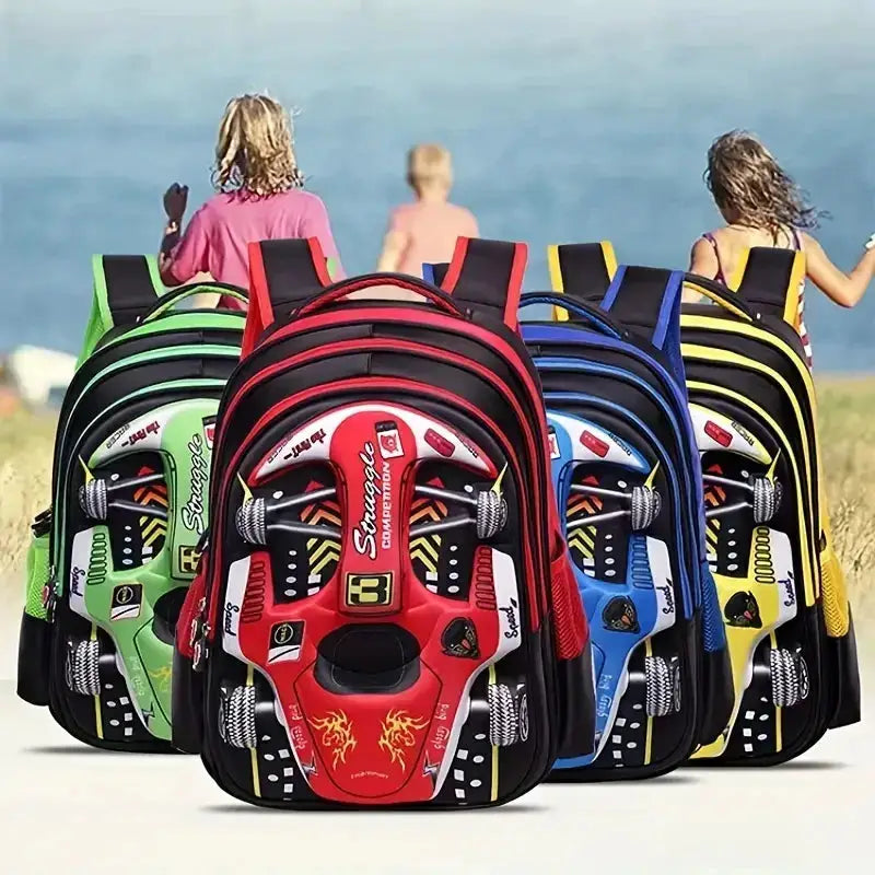 Waterproof 3D Car Backpack for kids by Simples Market; set of four red, blue, green, yellow backpacks