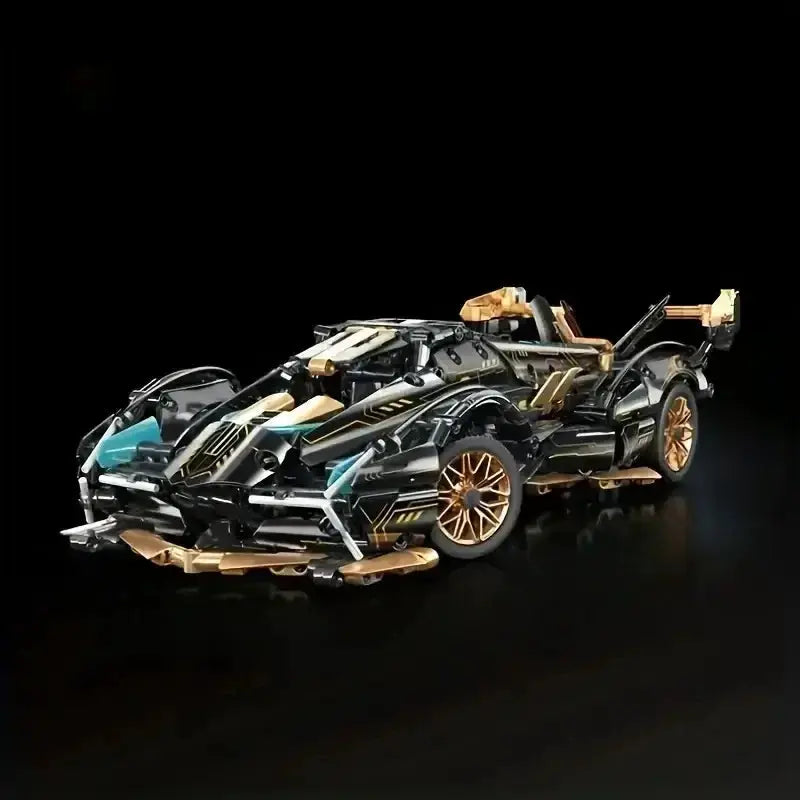 V12 Building Block Racing Car Model In Black And Gold Non Electric DIY Desktop Display Piece Birthday Gift For Boyfriend
