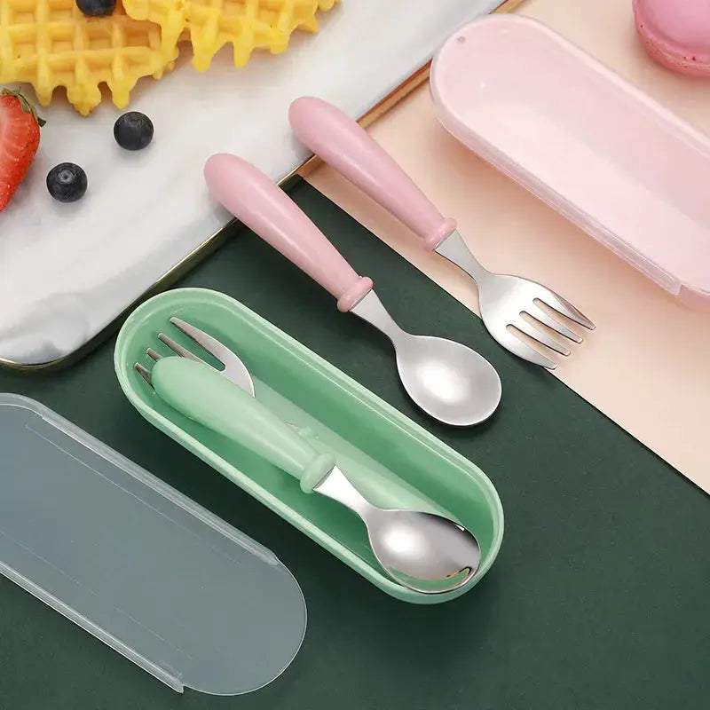 3 Piece Children Spoon And Fork Set Stainless Steel Portable Baby Feeding Utensils For Toddlers