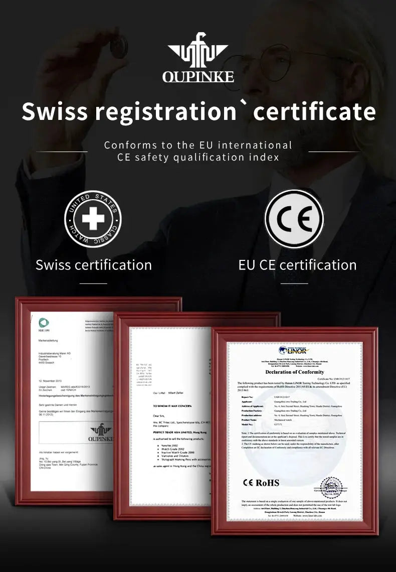 OUPINKE brand watch shown with three framed Swiss and EU CE certification documents