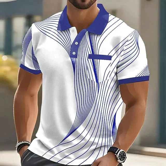 Simples Market men's polo shirt with white base and blue striped pattern, blue collar, 3-button placket.