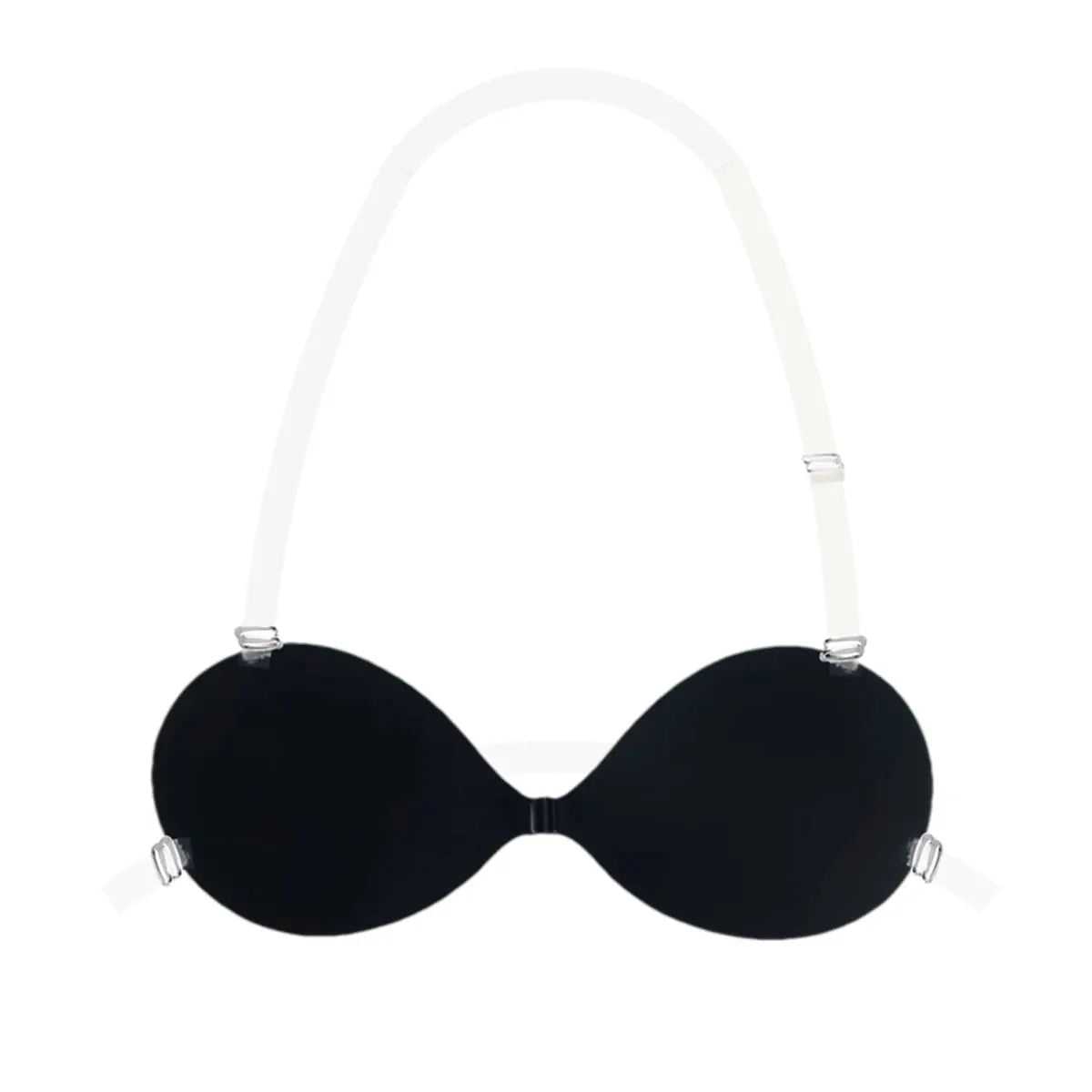 Invisible Stick-On Lift Bra, black strapless seamless push-up with clear straps