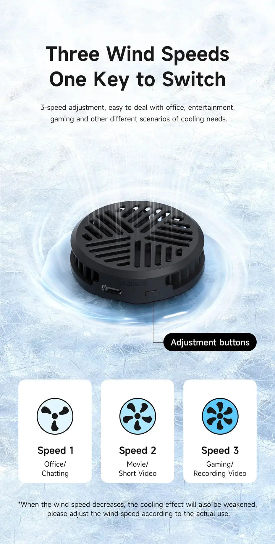 Hagibis magnetic phone cooler, black portable cooling fan with 3 speed settings