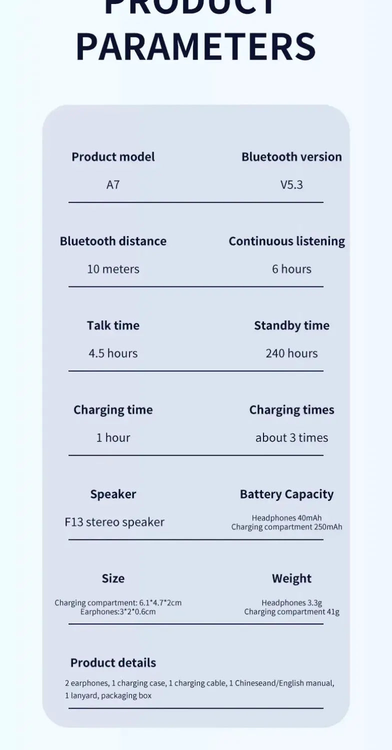 Air Pro wireless earphones by Simples Market — specs card: A7, BT5.3, 10m range, 6h listening, 4.5h talk, 240h standby.