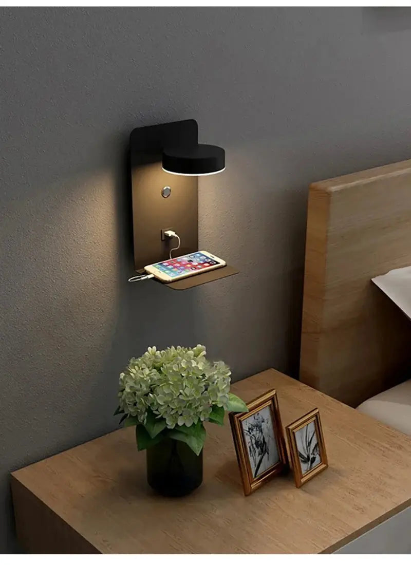 Bedroom LED wall lamp with USB charger and small shelf, black modern sconce by Simples Market