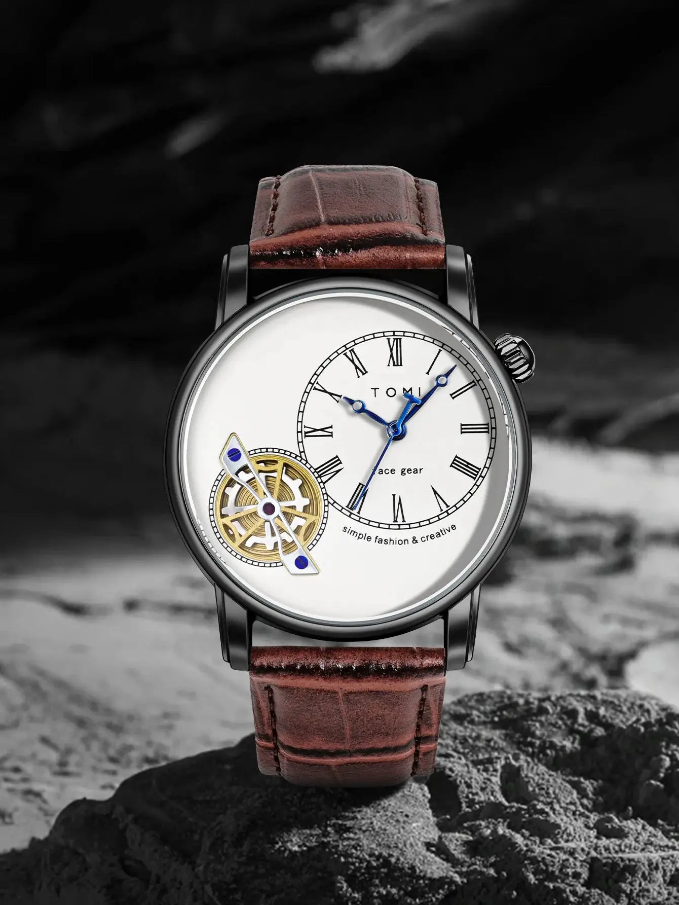 TOMI men's quartz wristwatch with brown leather strap, white dial, Roman numerals, blue hands and skeleton gear window.
