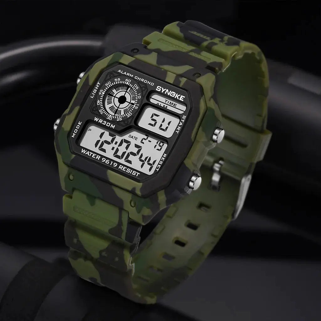 SYNOKE camouflage digital watch for men with rugged camo strap, alarm chronograph, digital time display, water resistant