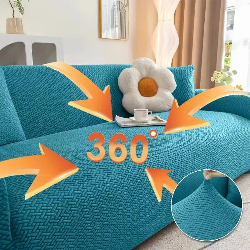 Simples Market elastic jacquard sofa cover for L-shaped sectional, teal blue 360° stretch slipcover