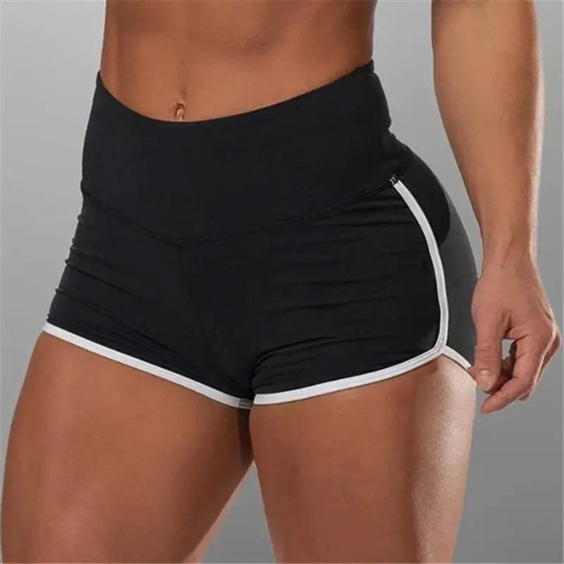 Women’s black high-waist stretchy gym shorts with white trim by Simples Market