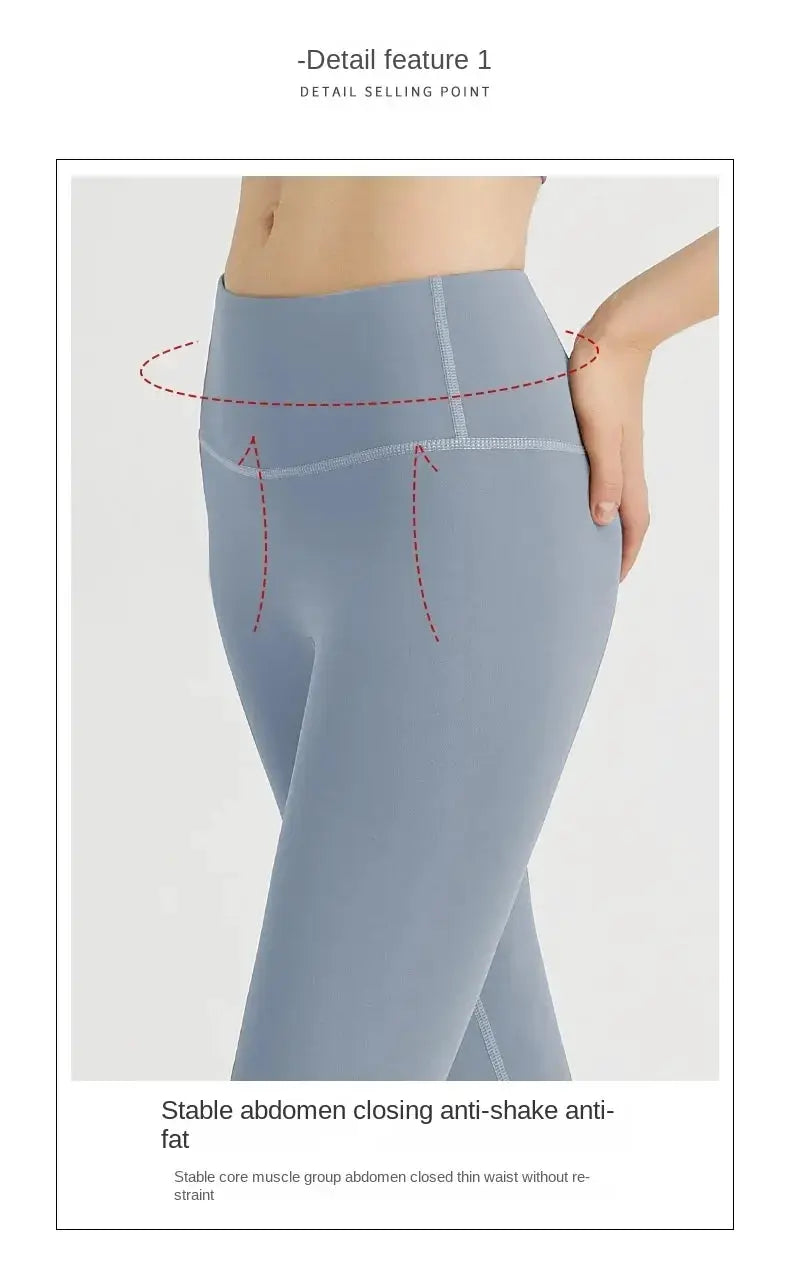 UPF50+ women’s yoga leggings in light blue, high-waist gym pants with contour stitching
