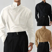 Simples Market irregular-design buckle-lapel men’s shirt; long-sleeve, loose fit, four colorways (white, black, beige)