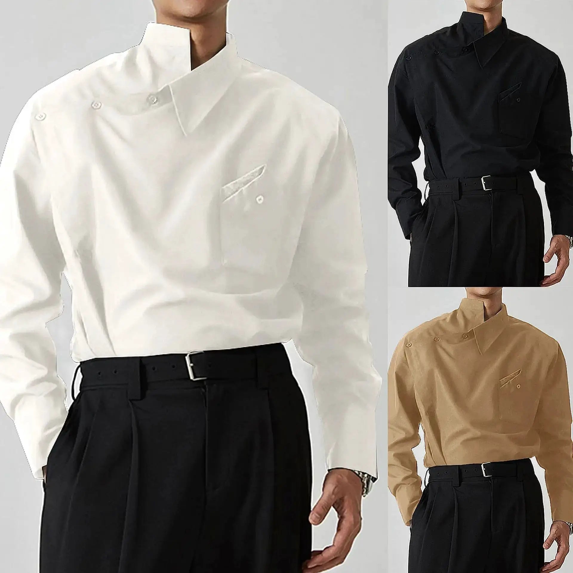 Simples Market irregular-design buckle-lapel men’s shirt; long-sleeve, loose fit, four colorways (white, black, beige)