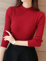 Autumn Women Mock Neck Ruffle Knit Sweater Long Sleeve Pullover Solid Casual Winter Layering