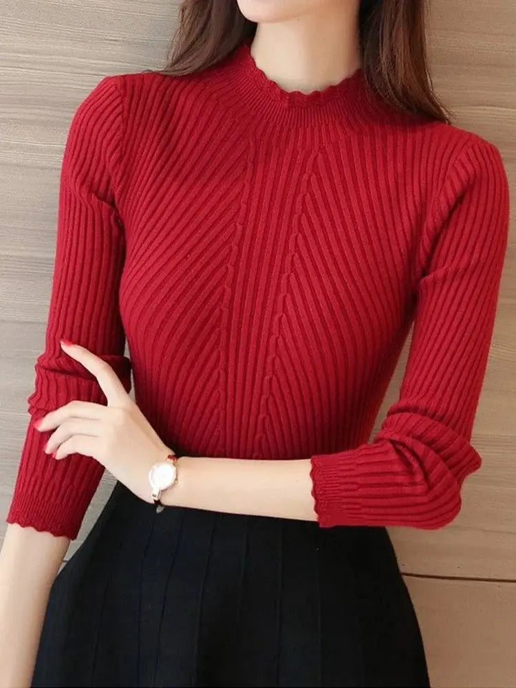 Autumn Women Mock Neck Ruffle Knit Sweater Long Sleeve Pullover Solid Casual Winter Layering