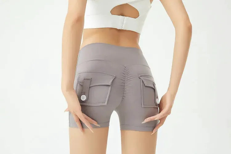 Simples Market Peach Butt fitness shorts for women, gray cargo-pocket athletic shorts