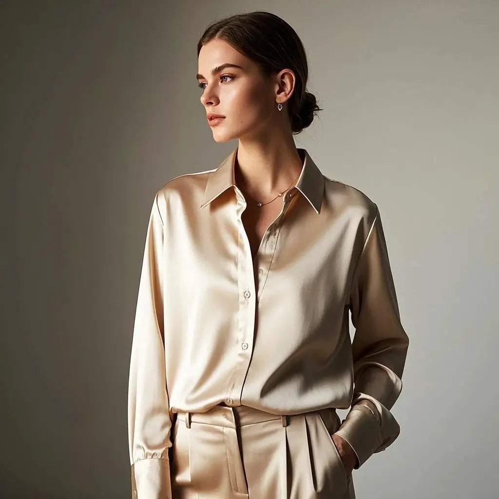 Satin blouse for women in champagne beige with a classic collar and long sleeves