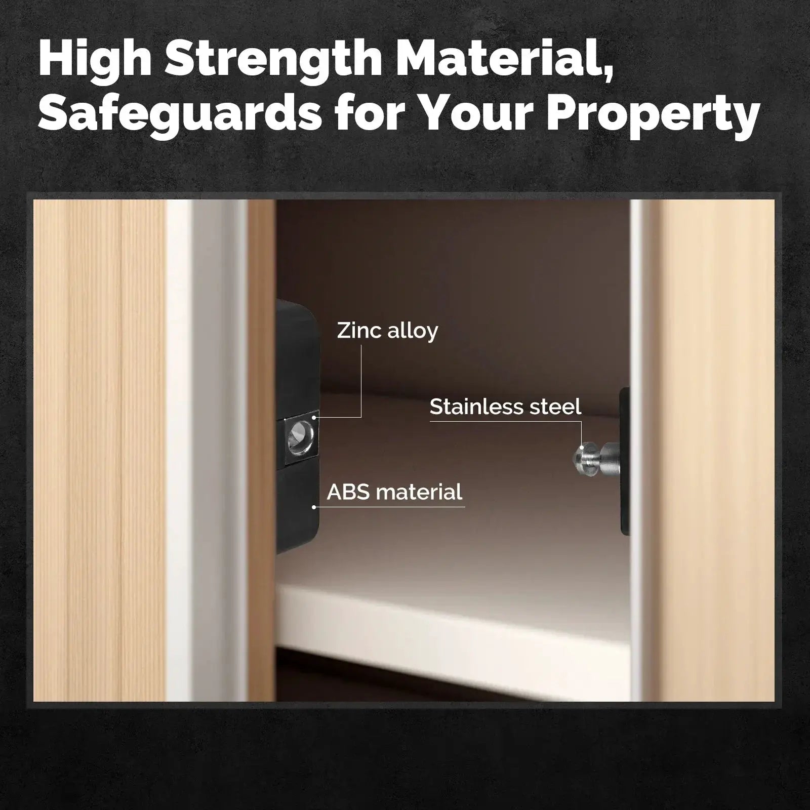 MOES Smart Bluetooth Drawer Lock installed in wood cabinet; zinc alloy body, stainless steel hardware, ABS material