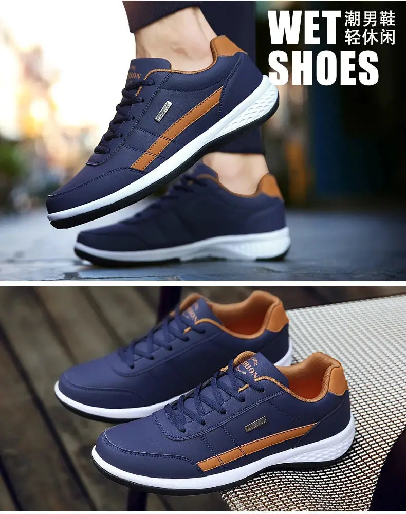 Leather men's sneakers in navy blue with brown accents and white sole by Simples Market