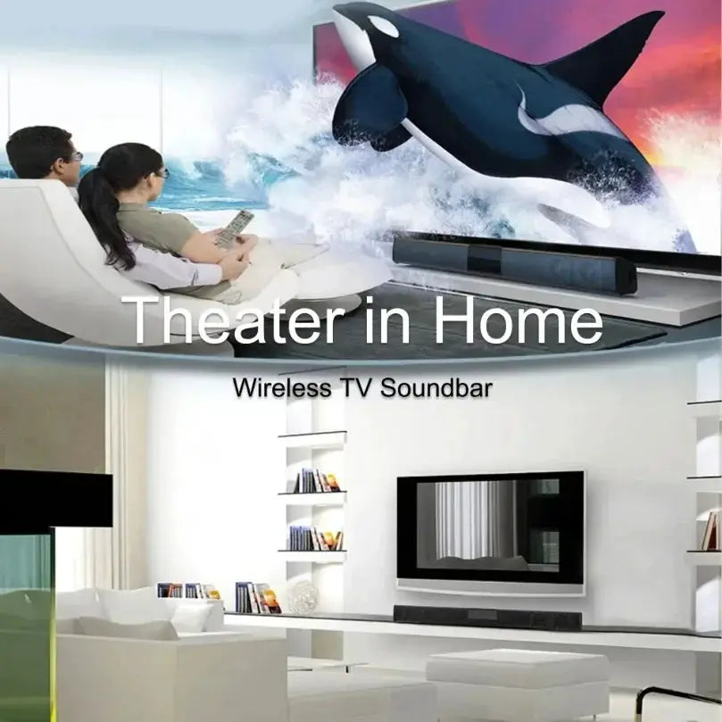 XIKCU wireless TV soundbar by Simples Market with remote in a modern living room