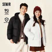 Semir down jackets for men and women; two hooded puffer jackets in black (men) and white (women), solid colors.