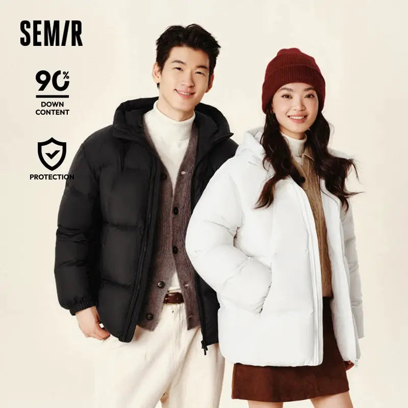Semir down jackets for men and women; two hooded puffer jackets in black (men) and white (women), solid colors.