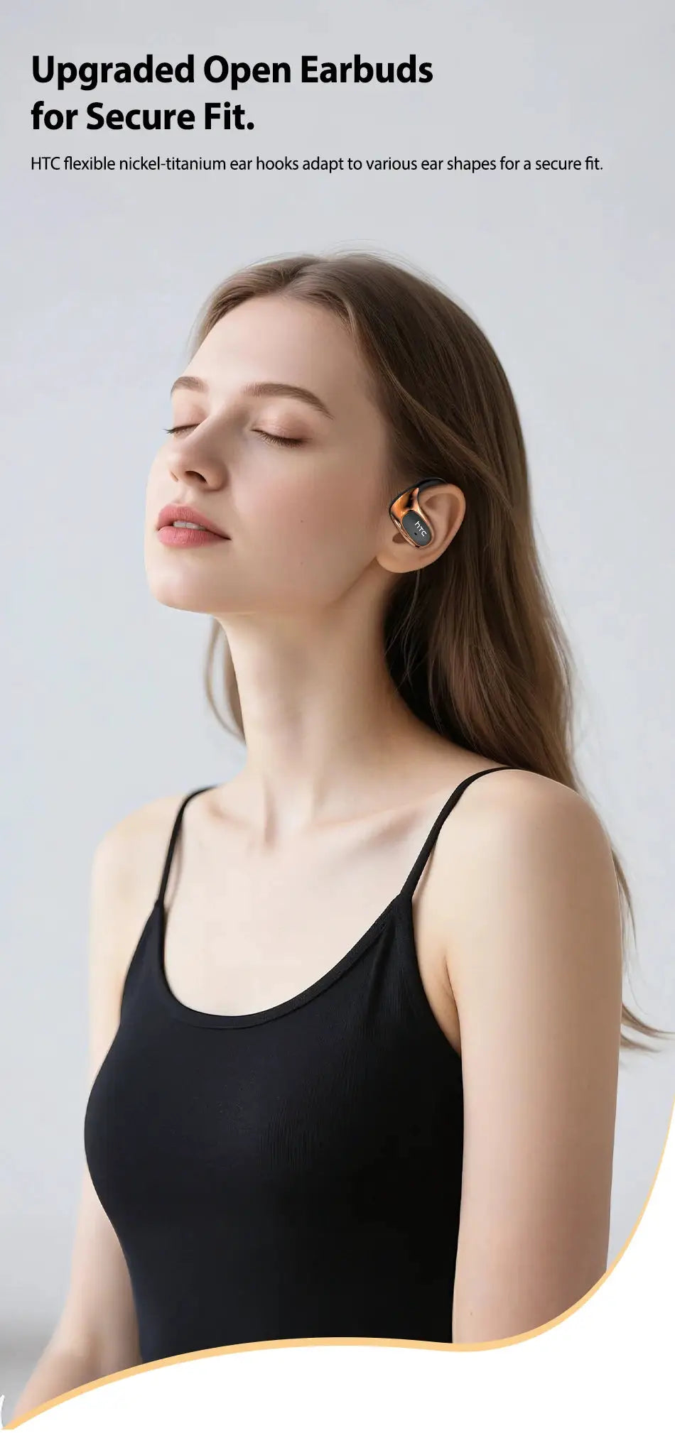 HTC NE35 wireless Bluetooth earbuds with black body and copper accents