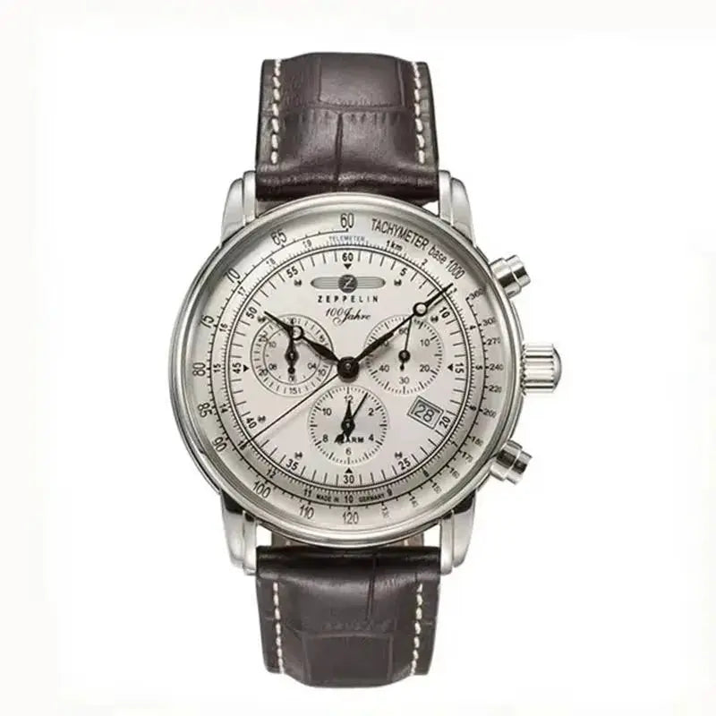 Zeppelin commemorative men's automatic chronograph watch with silver case, white dial, brown leather strap