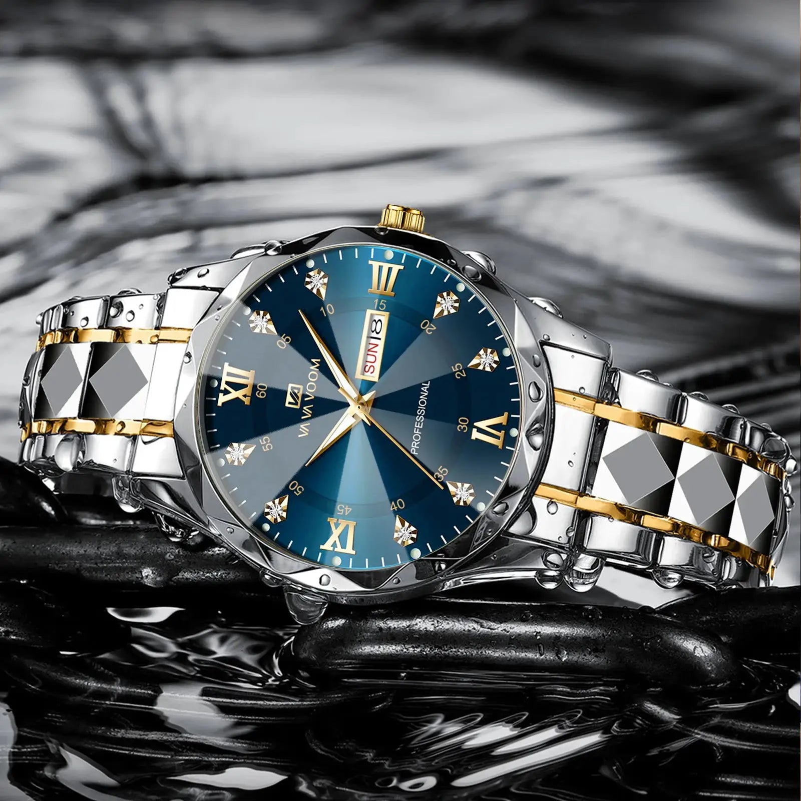 LuxeTime Mens Watch Diamond Luxury Double Calendar Quartz Movement 41mm Blue Gold Stainless Steel Night Glow