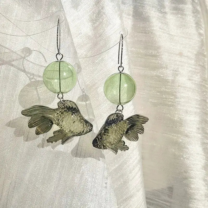 Goldfish pendant earrings with translucent green beads, pair of koi fish drop earrings