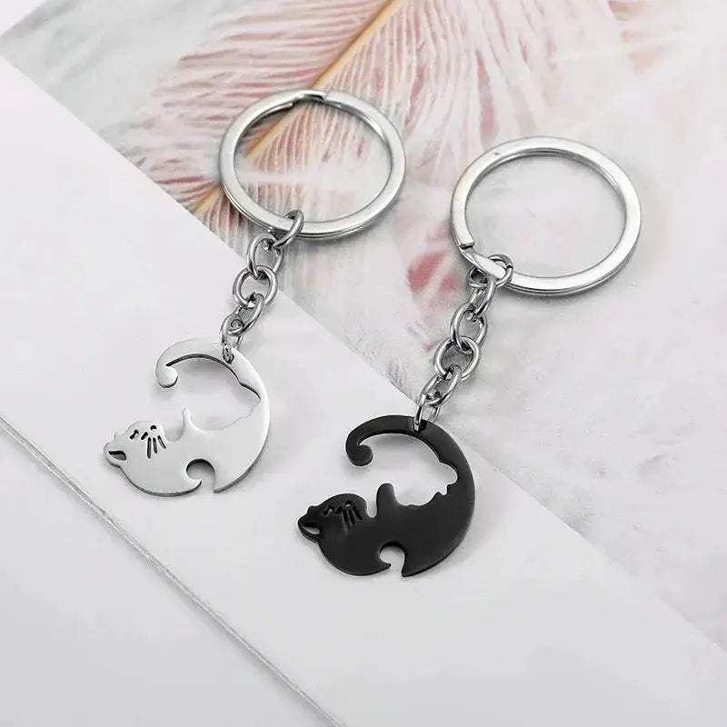 Heart Shaped Cat Yin Yang Stainless Steel Keychain Set For Couples And Best Friends