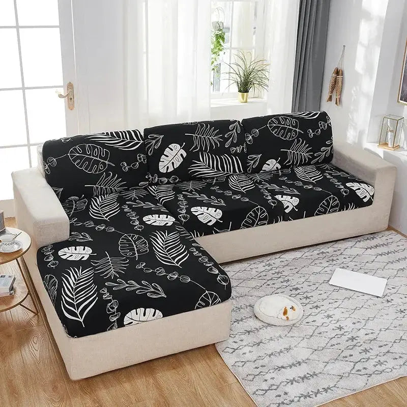 Simples Market elastic sofa slipcover set in black with white leaf pattern for living room sofa and chaise