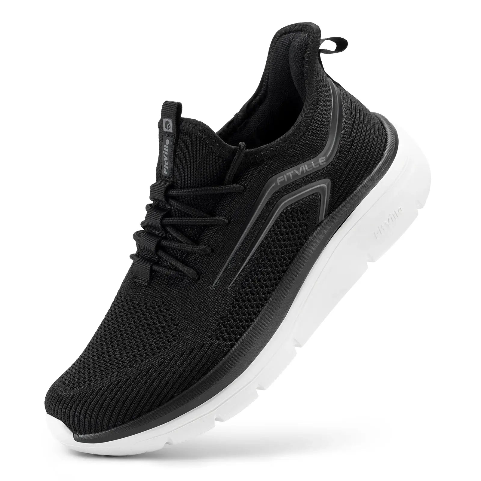 FitVille men's running shoes with thick white sole, black knit upper, pull tab