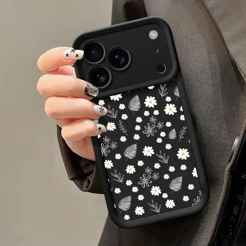 DaisyShield White Daisy Flower Silicone Case For iPhone 12 13 14 15 16 17 Full Coverage Shockproof Protection