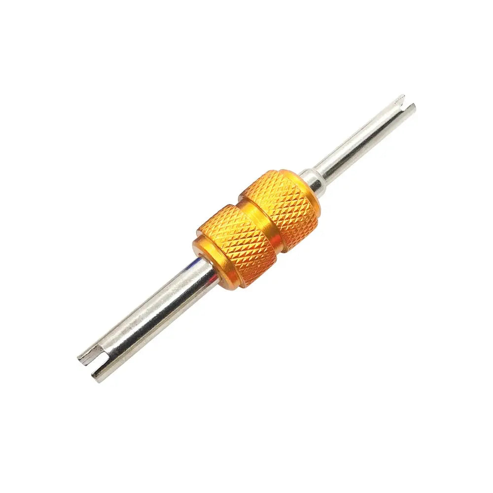Universal tire valve core remover screwdriver with orange knurled metal grip, dual-use auto tool