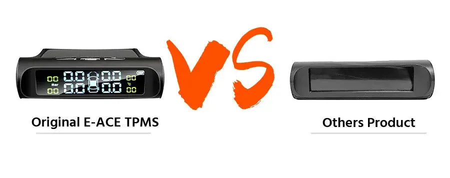 Two black TPMS monitor units: original E-ACE solar-powered tire pressure alarm on the left, other product on right