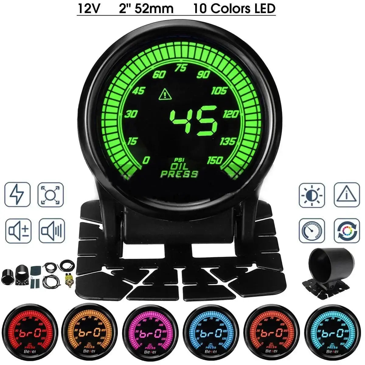 52mm gauge with green LED display; multi-function tachometer for water/oil temp, volt, vacuum, EGT, oil pressure