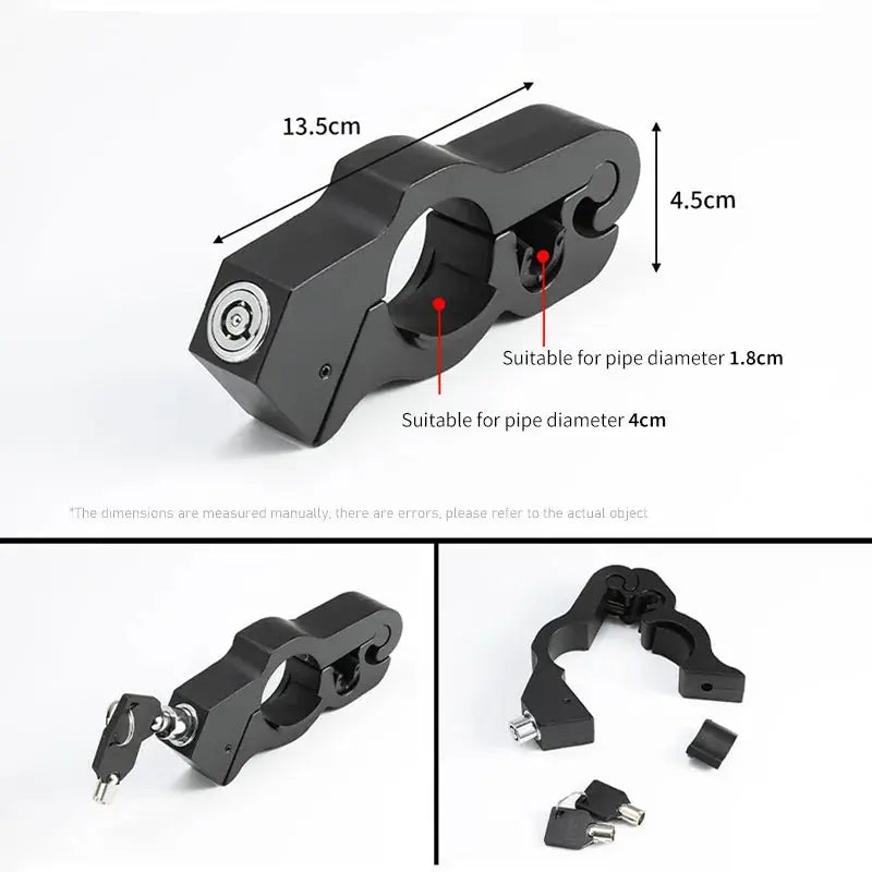 Motorcycle handlebar lock by Simples Market; black metal anti-theft clamp for 1.8–4 cm handlebars