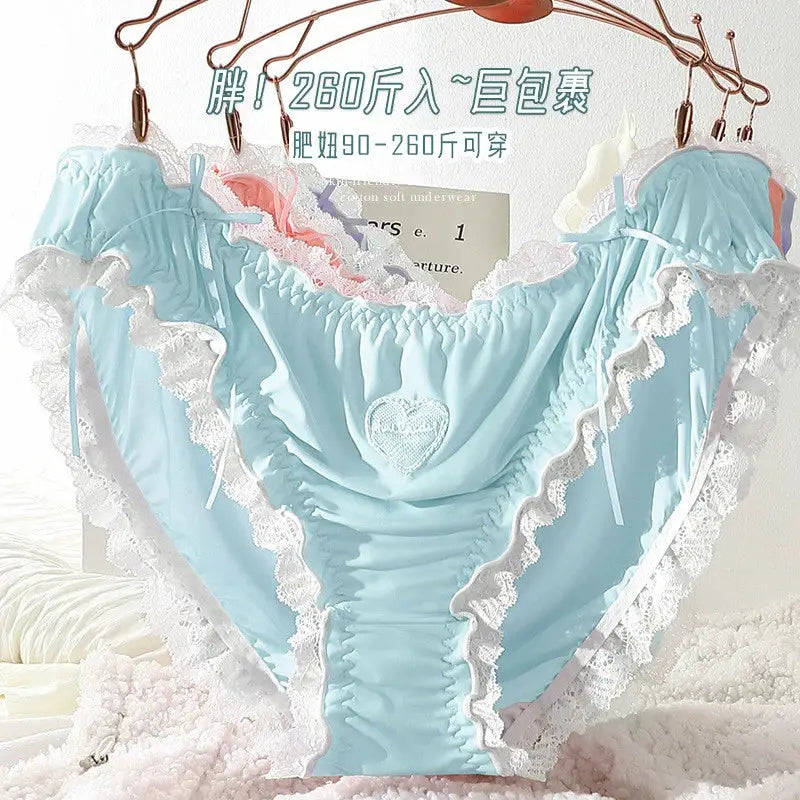 Light blue Lolita-style lace panties with white lace trim and heart emblem, Simples Market