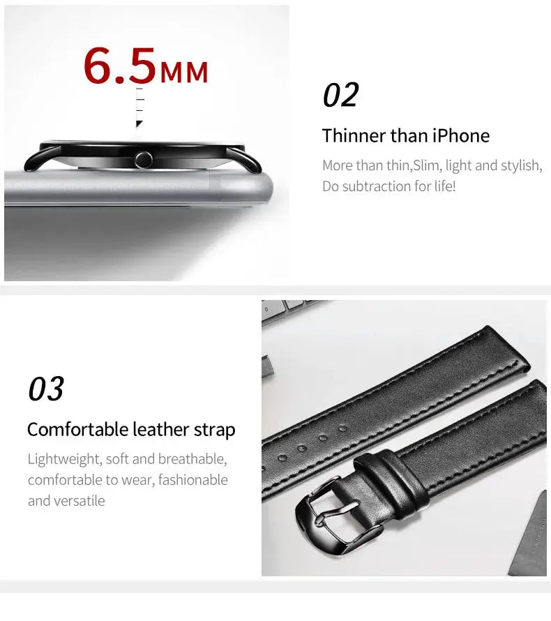 OLEVS 5869 Ultra Thin 6.5mm quartz men's watch with black leather strap