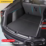Leather Rear Trunk Mat for Tesla Model Y Juniper by Loerston with full coverage and side guards