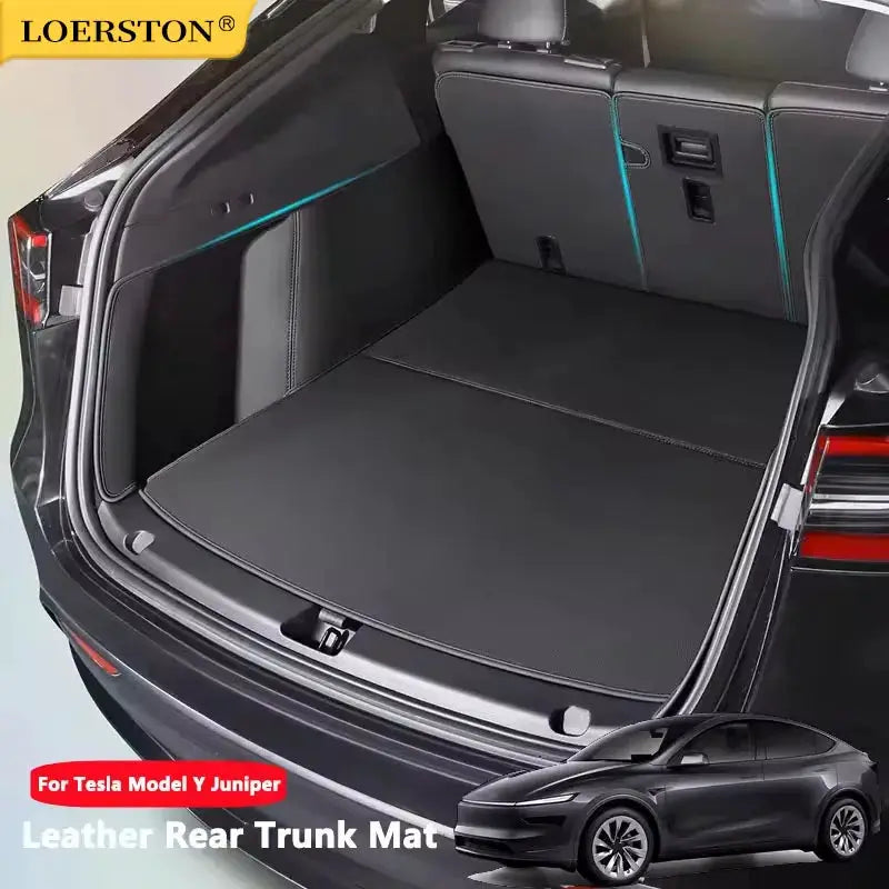 Leather Rear Trunk Mat for Tesla Model Y Juniper by Loerston with full coverage and side guards