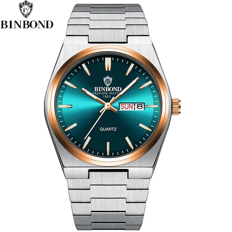 BINBOND men's quartz watch with teal dial, rose-gold bezel and stainless steel bracelet; day-date display
