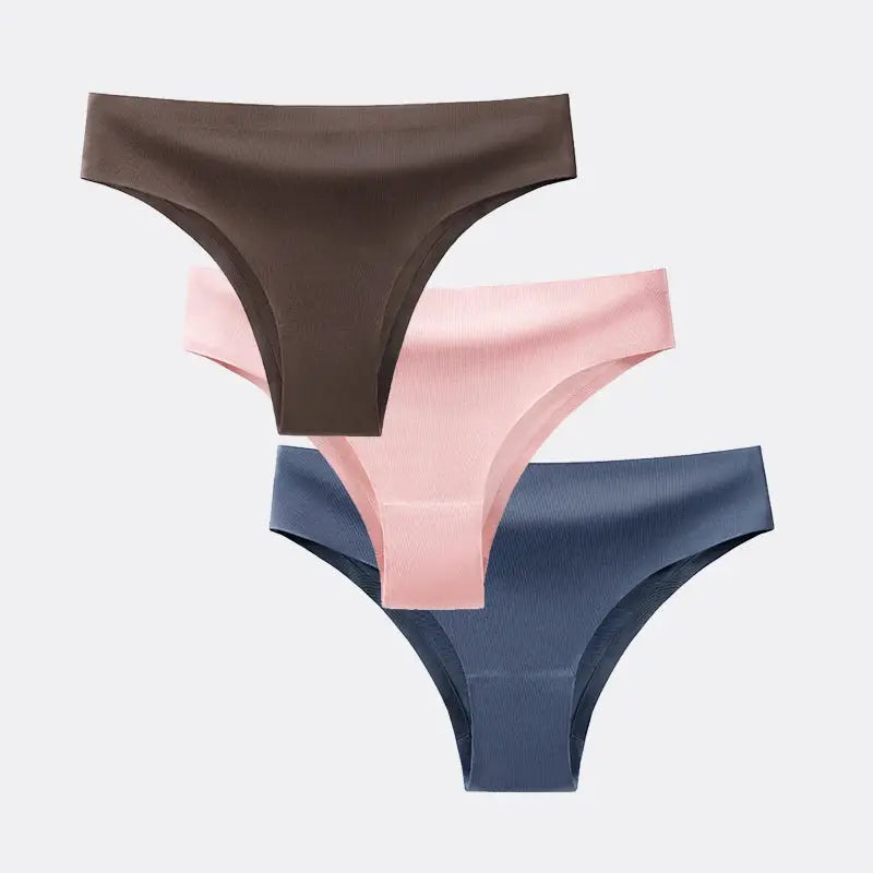 3-pack BANNIROU seamless T-back thong panties for women by Simples Market in brown, pink, and blue.